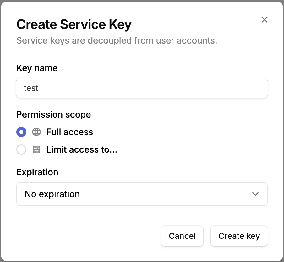 Create Service Key modal with a name entered and the Create key button enabled