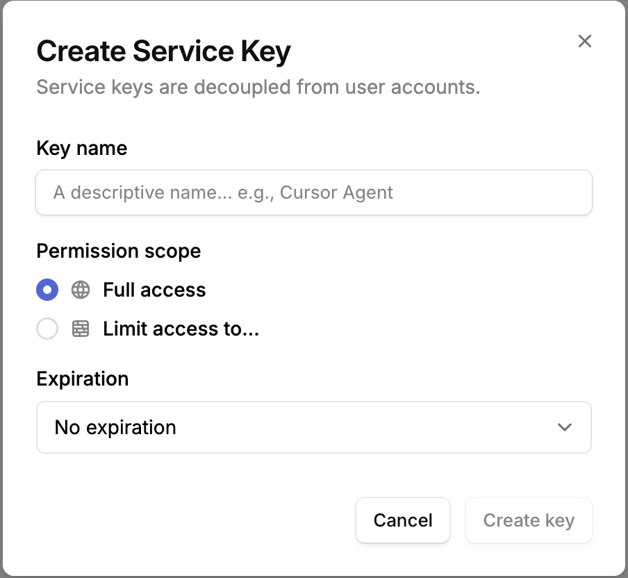 Create Service Key modal with empty fields